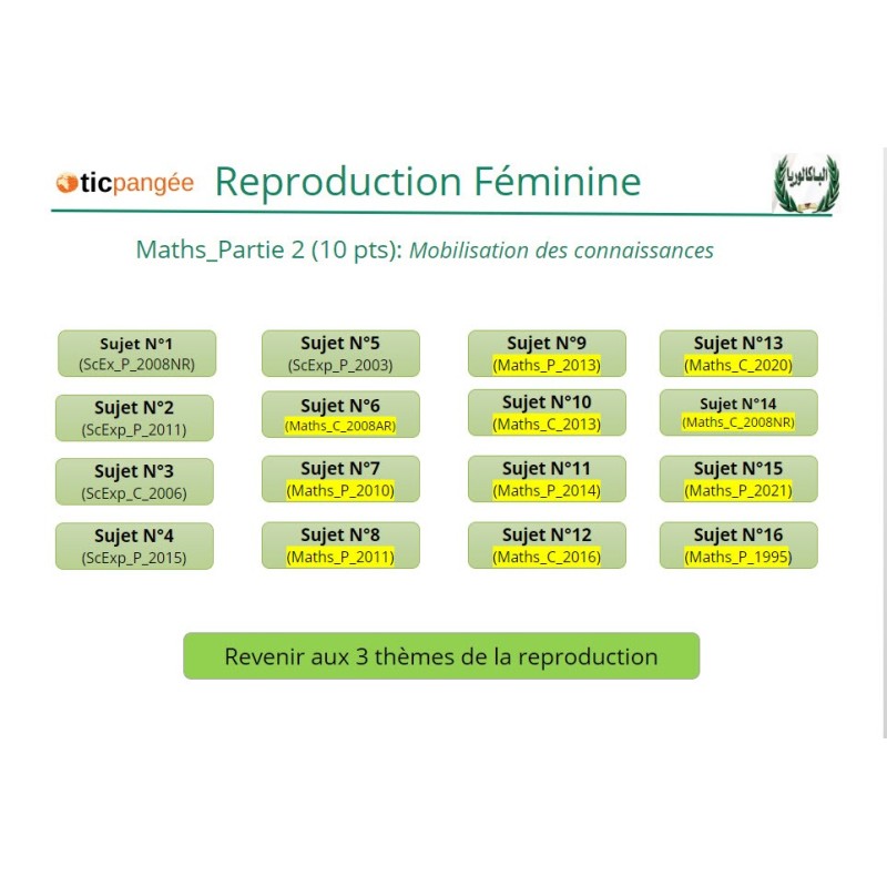 Bac Maths, SVT, Fonction Reproductrice FEMININE, Partie 2 (10 points),  16 sujets bac Interactifs et corrigés