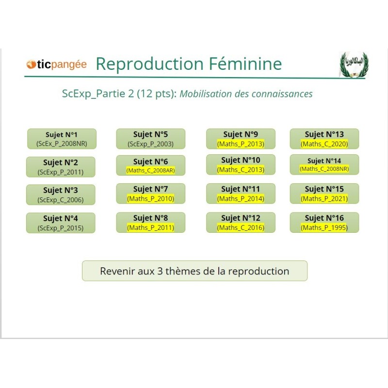 Bac Sciences Expérimentales, SVT, Fonction reproductrice FEMININE, Partie 12 points, 16 sujets corrigés et Interactifs